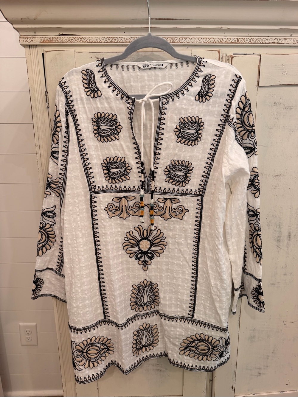 ZARA Women’s Embroidered Boho Tunic Dress Black/White/Tan XL EUC!!